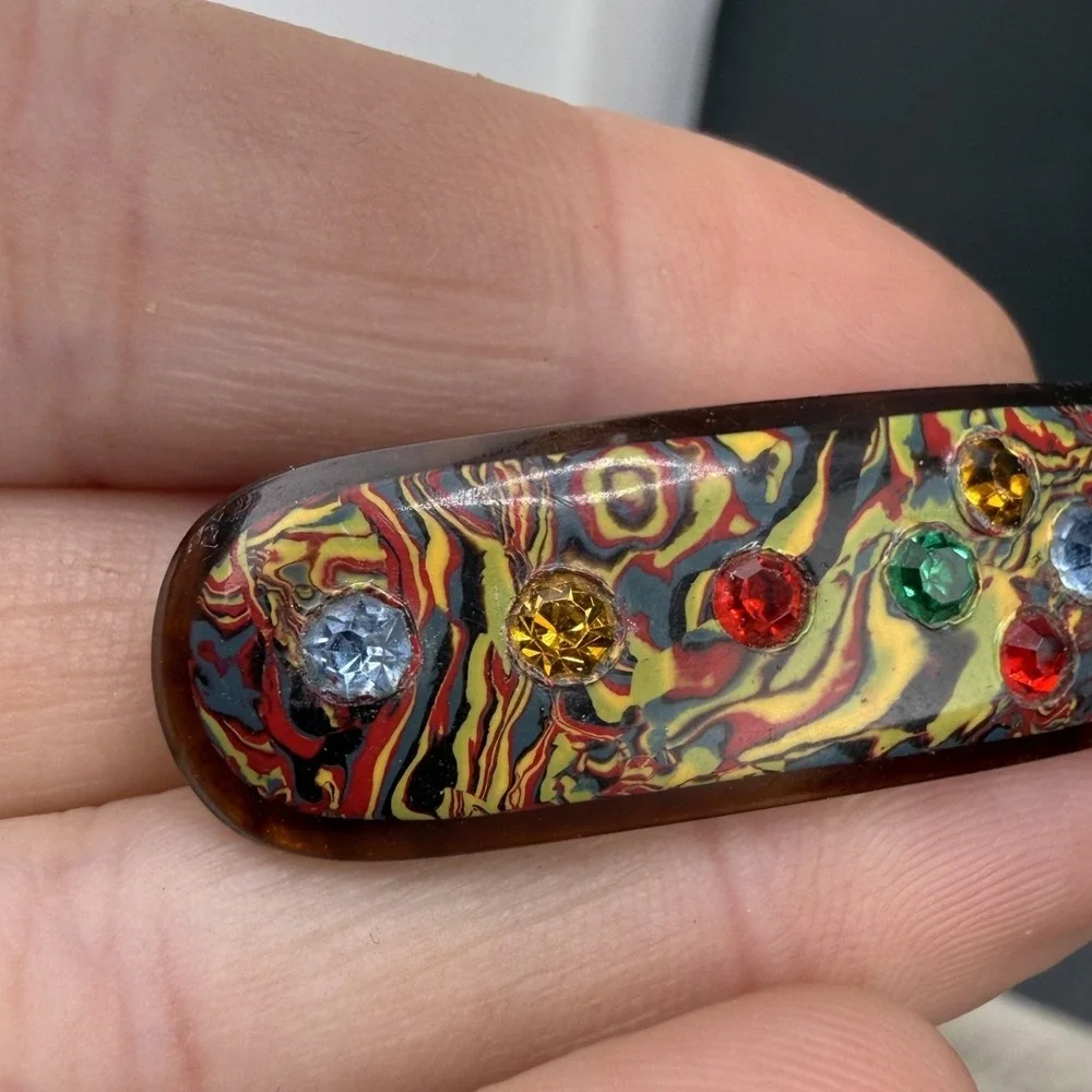 Vintage Rhinestone‎ Hair Barrette Swirl Rainbow Lucite